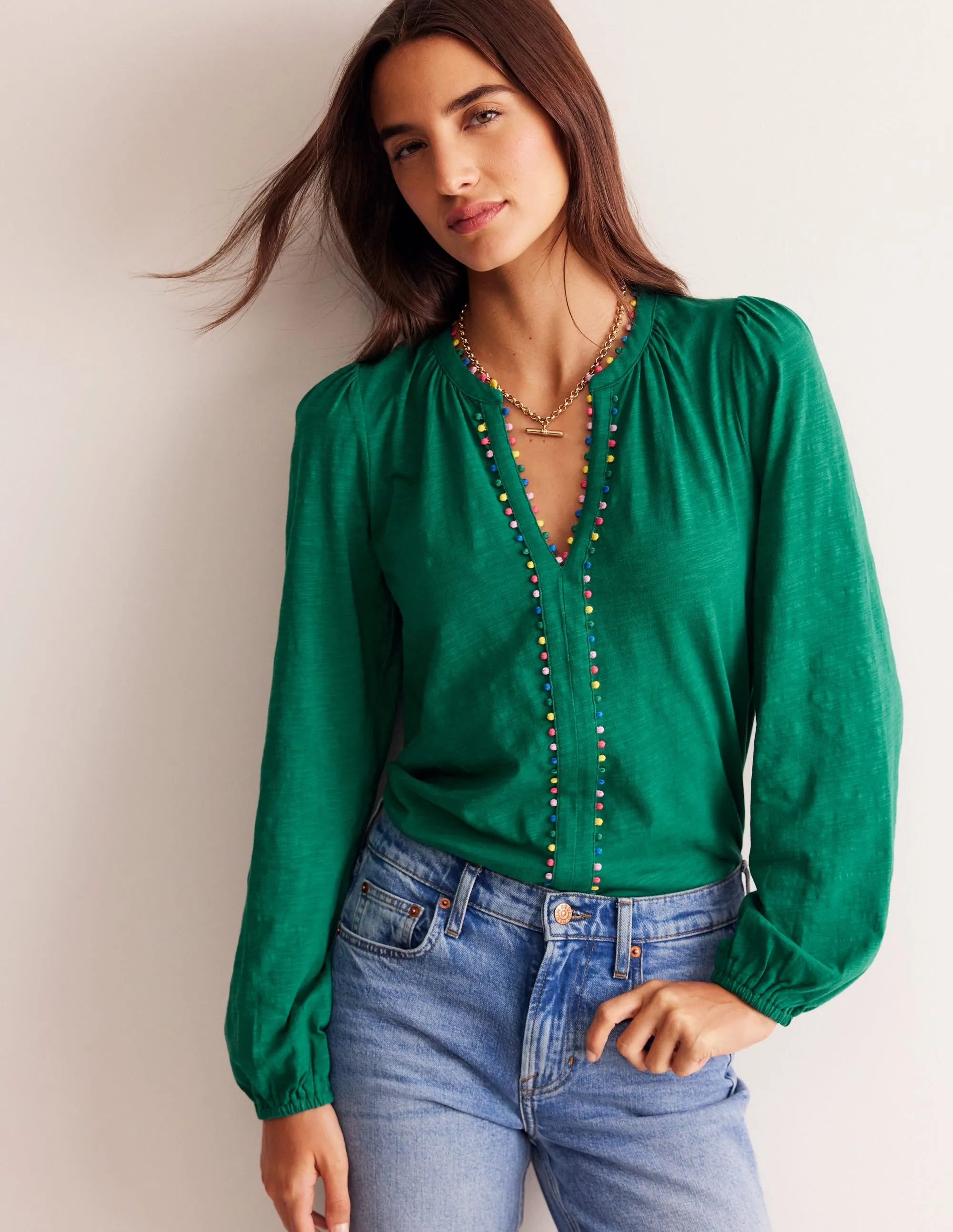 Ali Long Sleeve Pom Top-Malachite