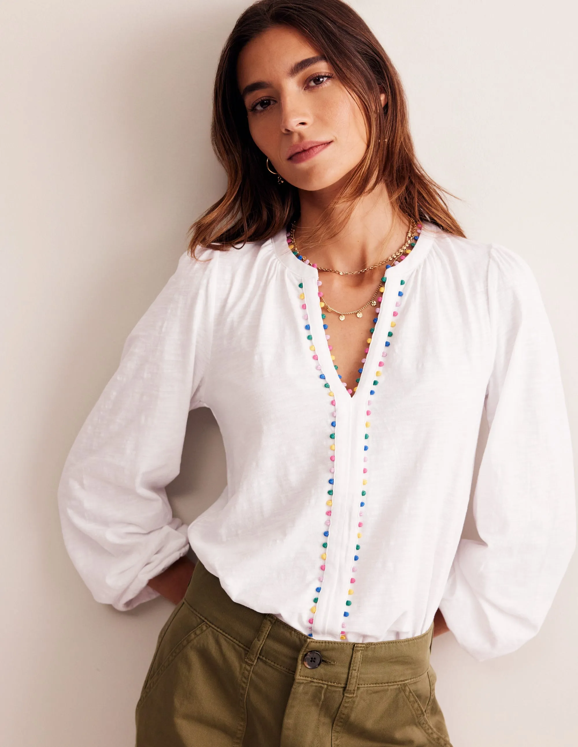 Ali Long Sleeve Pom Top-White