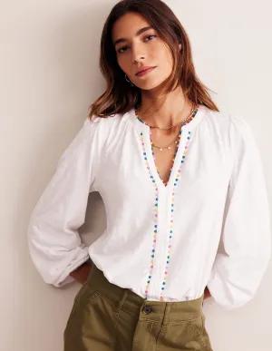 Ali Long Sleeve Pom Top-White