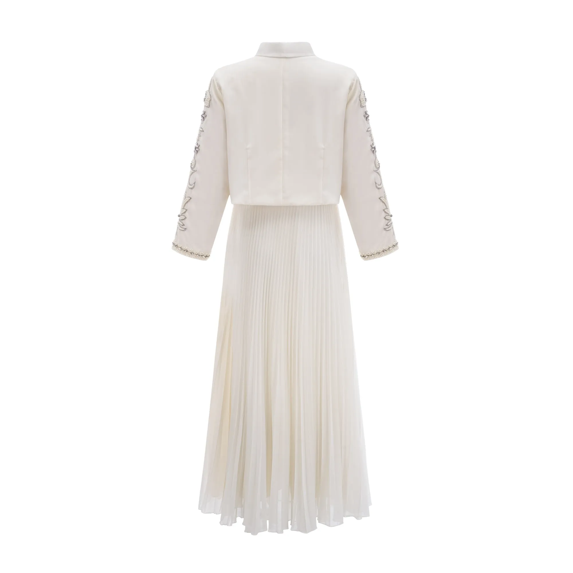 Blanche white embellished pleated jacket & dress matching set