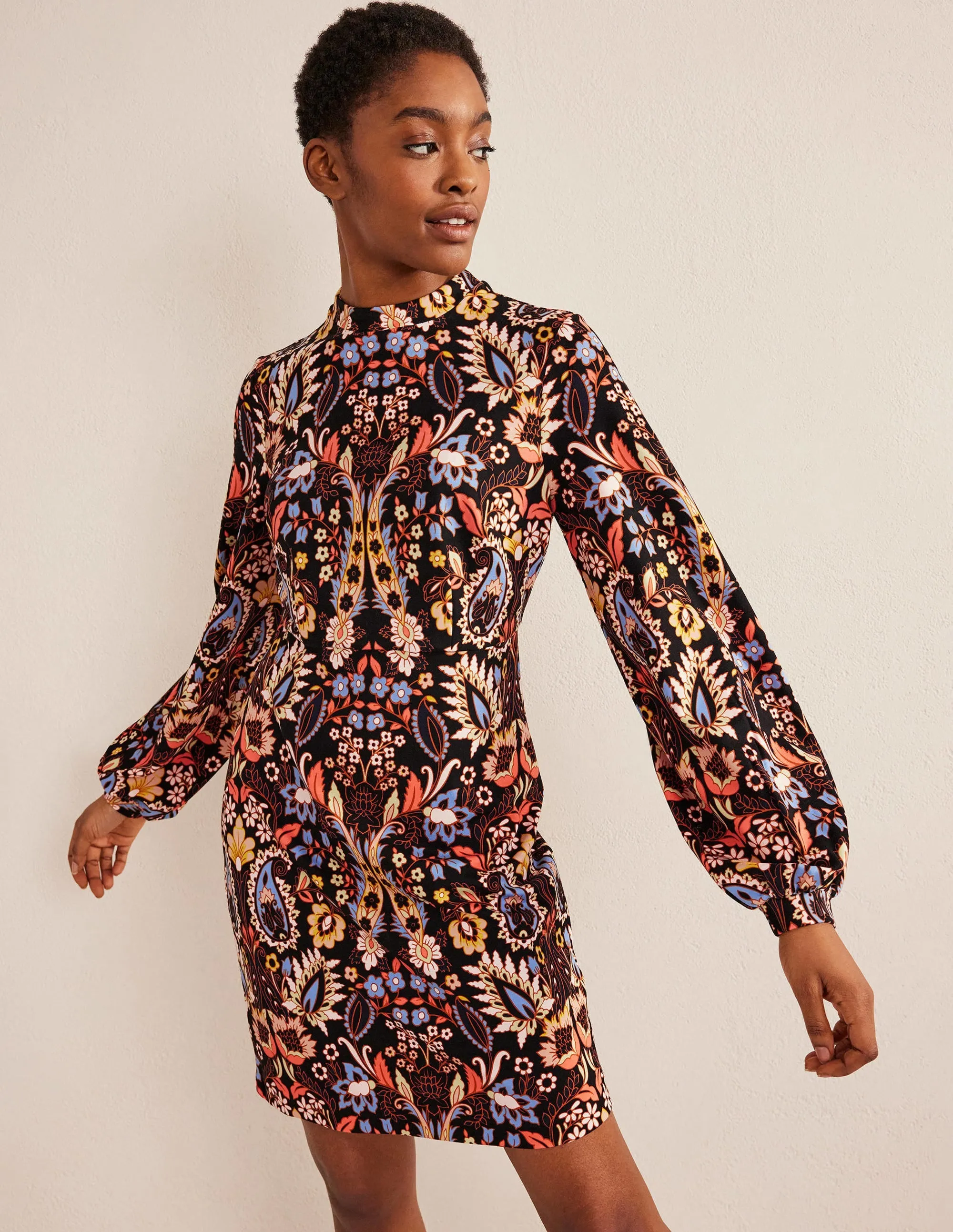Blouson Jersey Mini Dress-Multi, Exotic Foliage