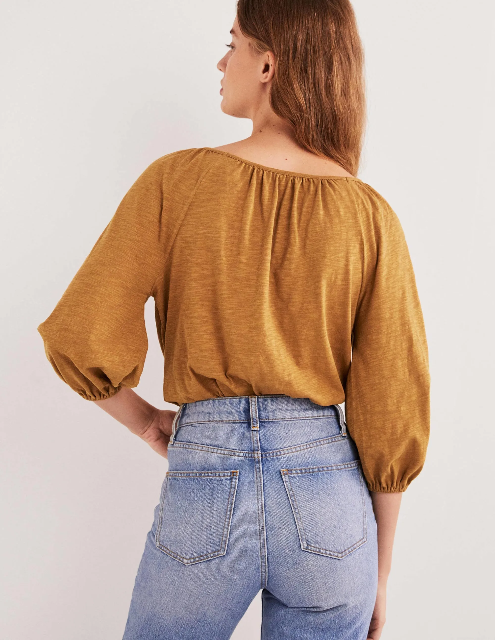 Blouson Sleeve Cotton Top-Butterscotch Brown