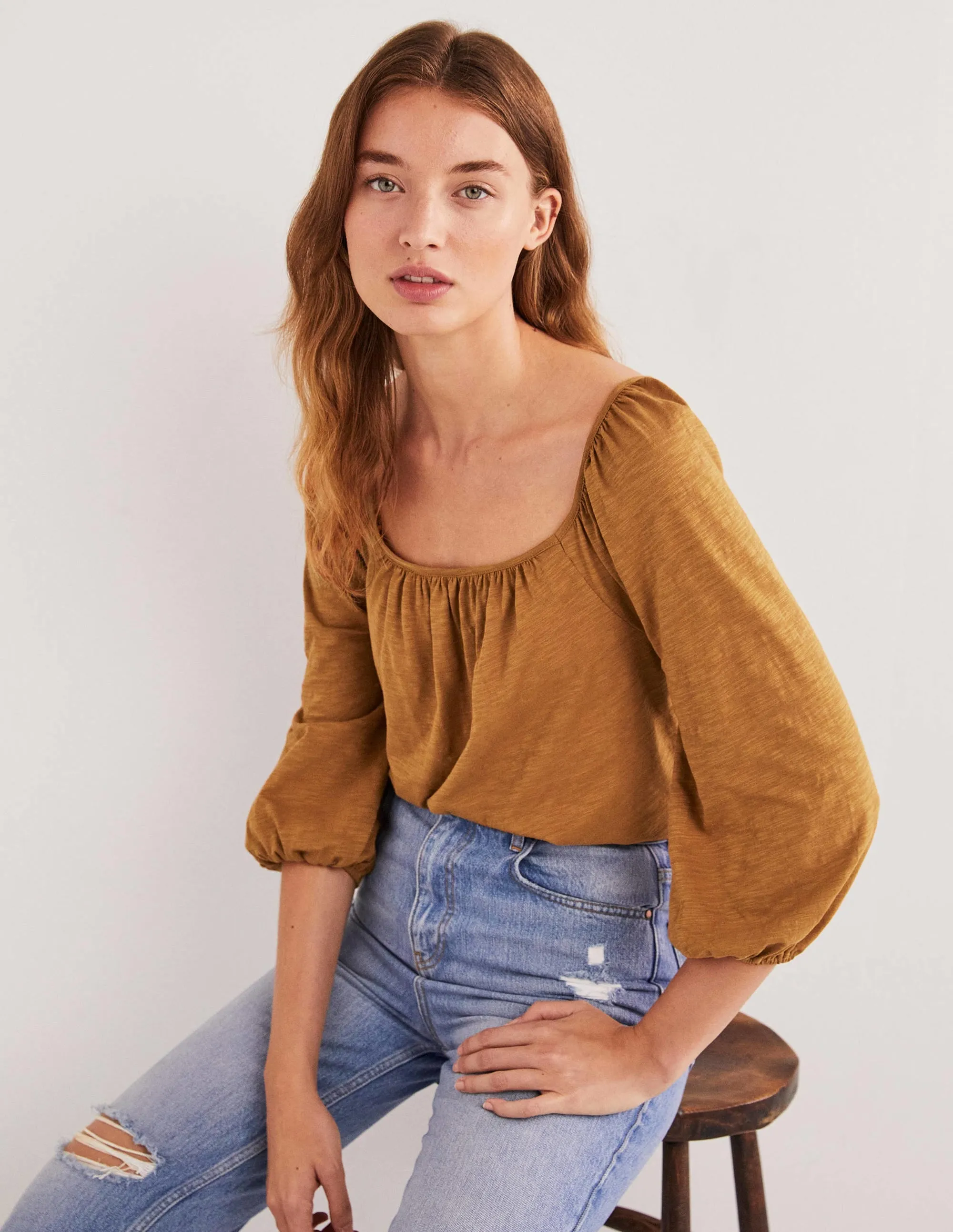Blouson Sleeve Cotton Top-Butterscotch Brown