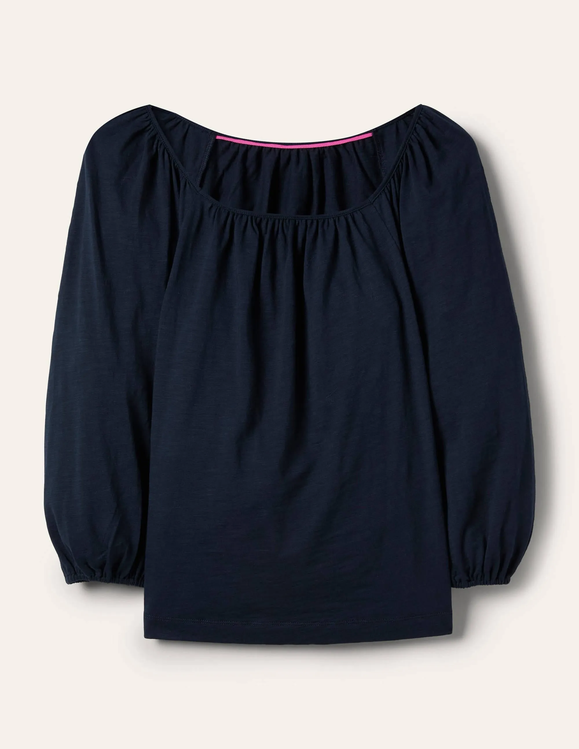 Blouson Sleeve Cotton Top-Navy