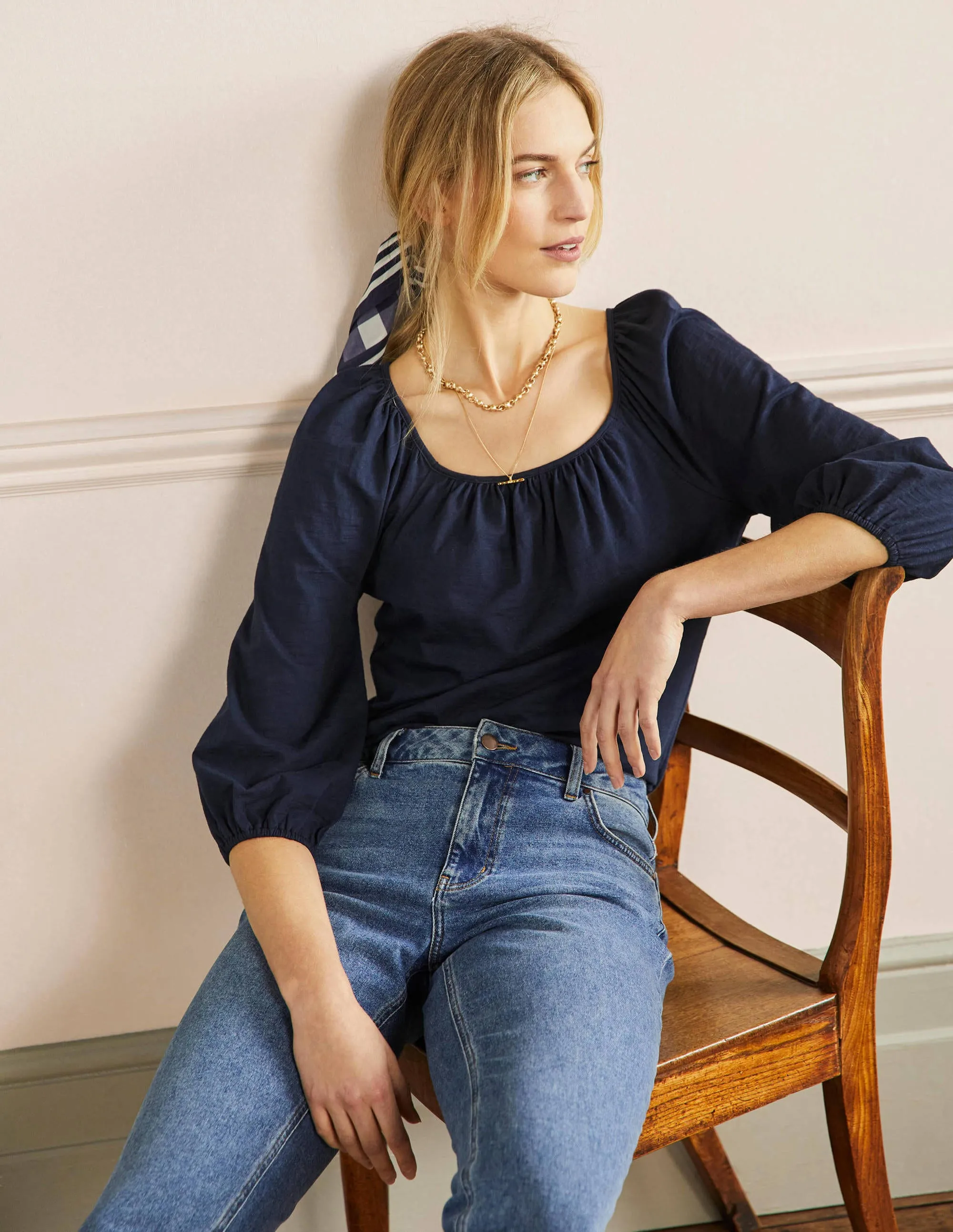 Blouson Sleeve Cotton Top-Navy