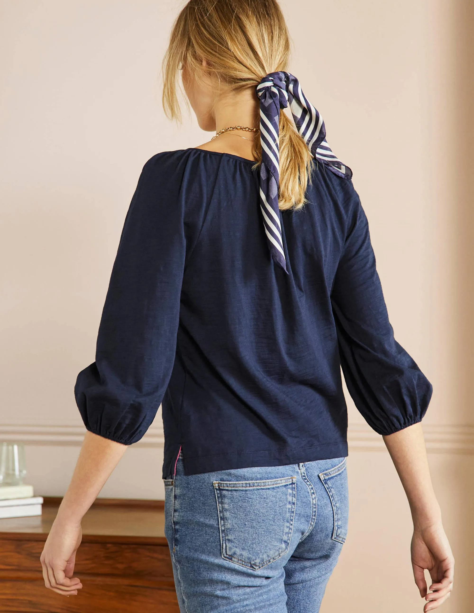 Blouson Sleeve Cotton Top-Navy