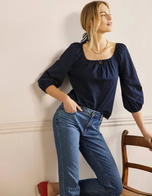 Blouson Sleeve Cotton Top-Navy