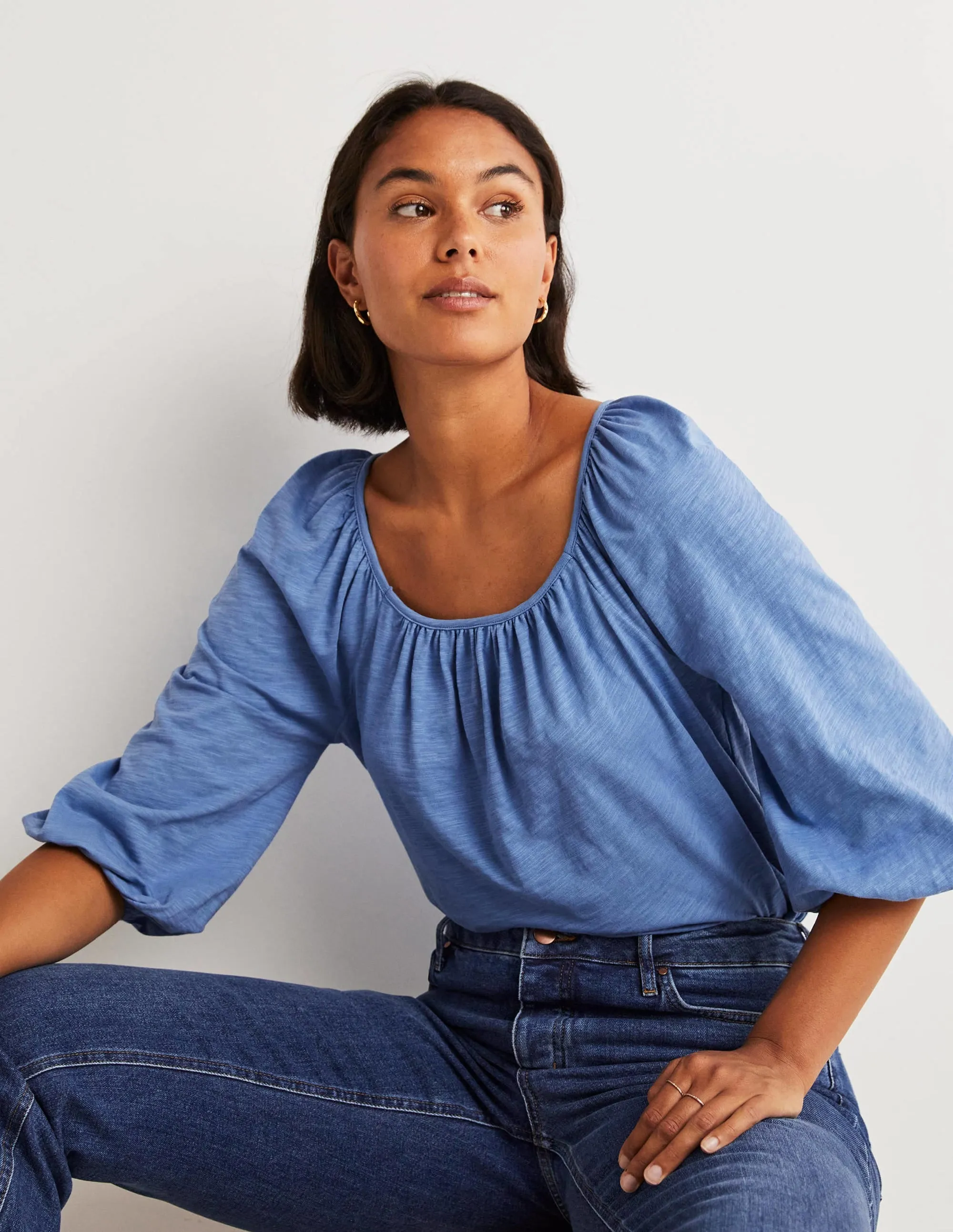 Blouson Sleeve Cotton Top-Riviera Blue