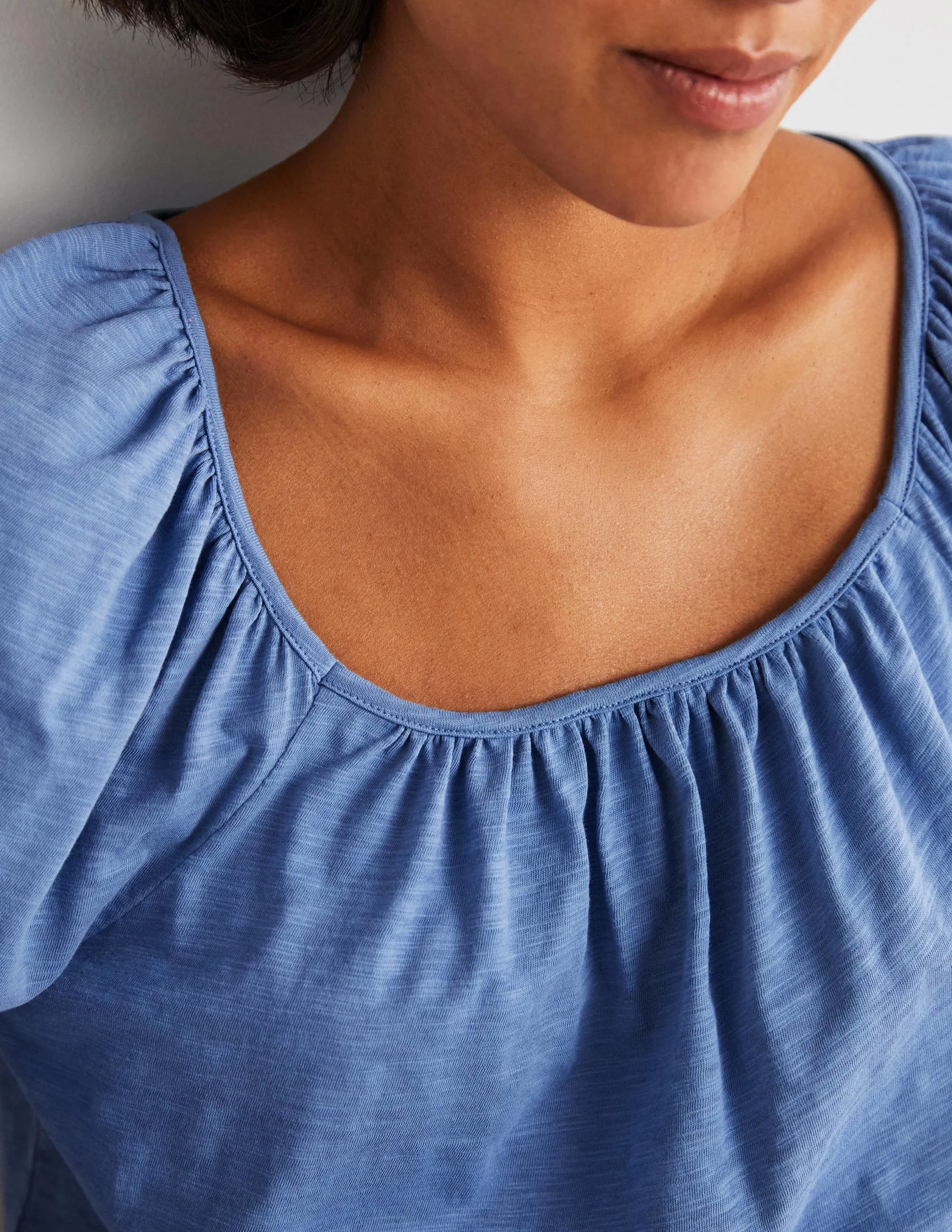Blouson Sleeve Cotton Top-Riviera Blue