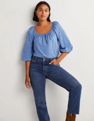 Blouson Sleeve Cotton Top-Riviera Blue