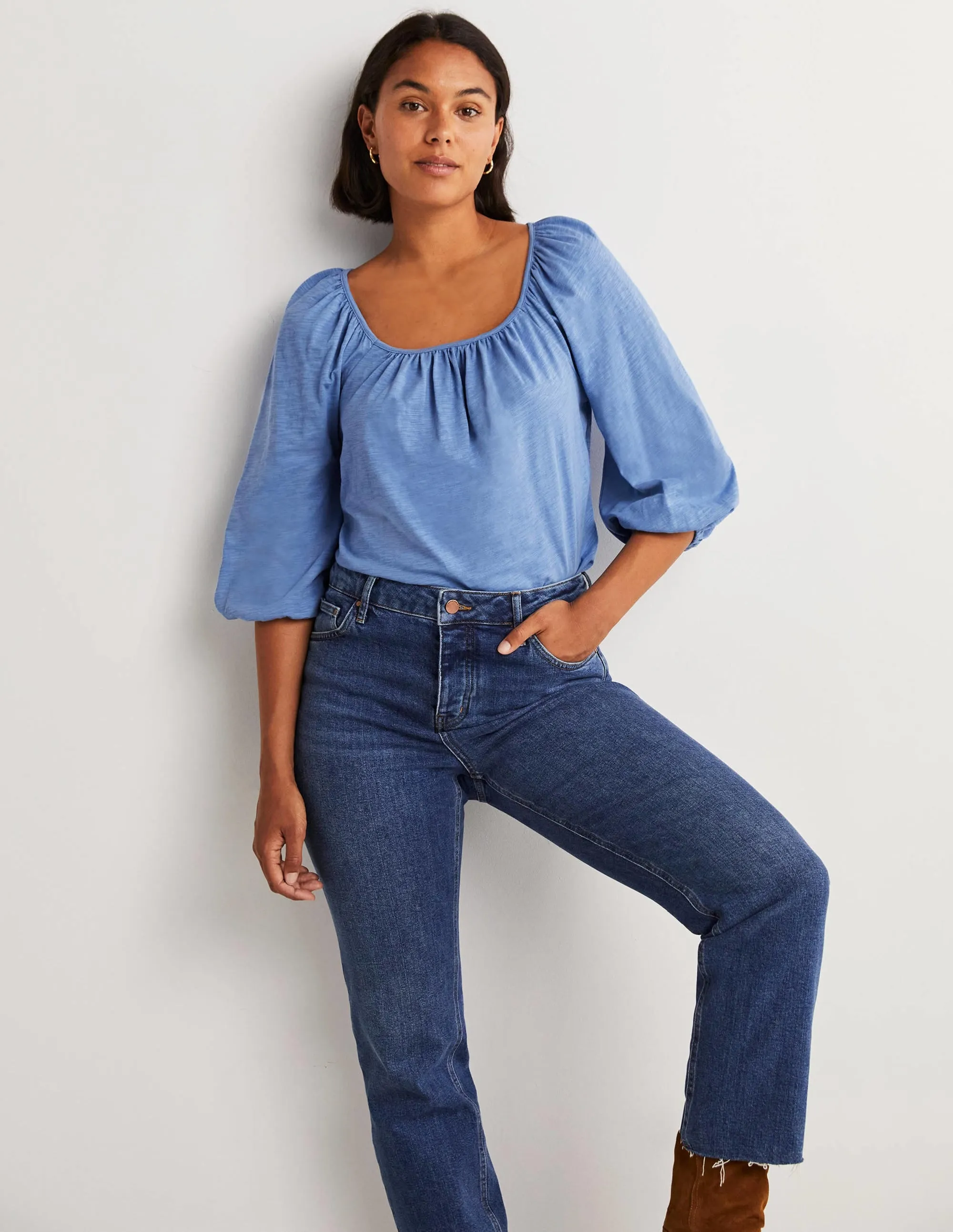 Blouson Sleeve Cotton Top-Riviera Blue