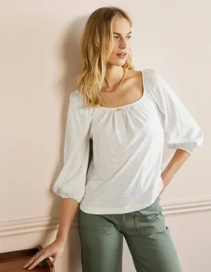 Blouson Sleeve Cotton Top-White