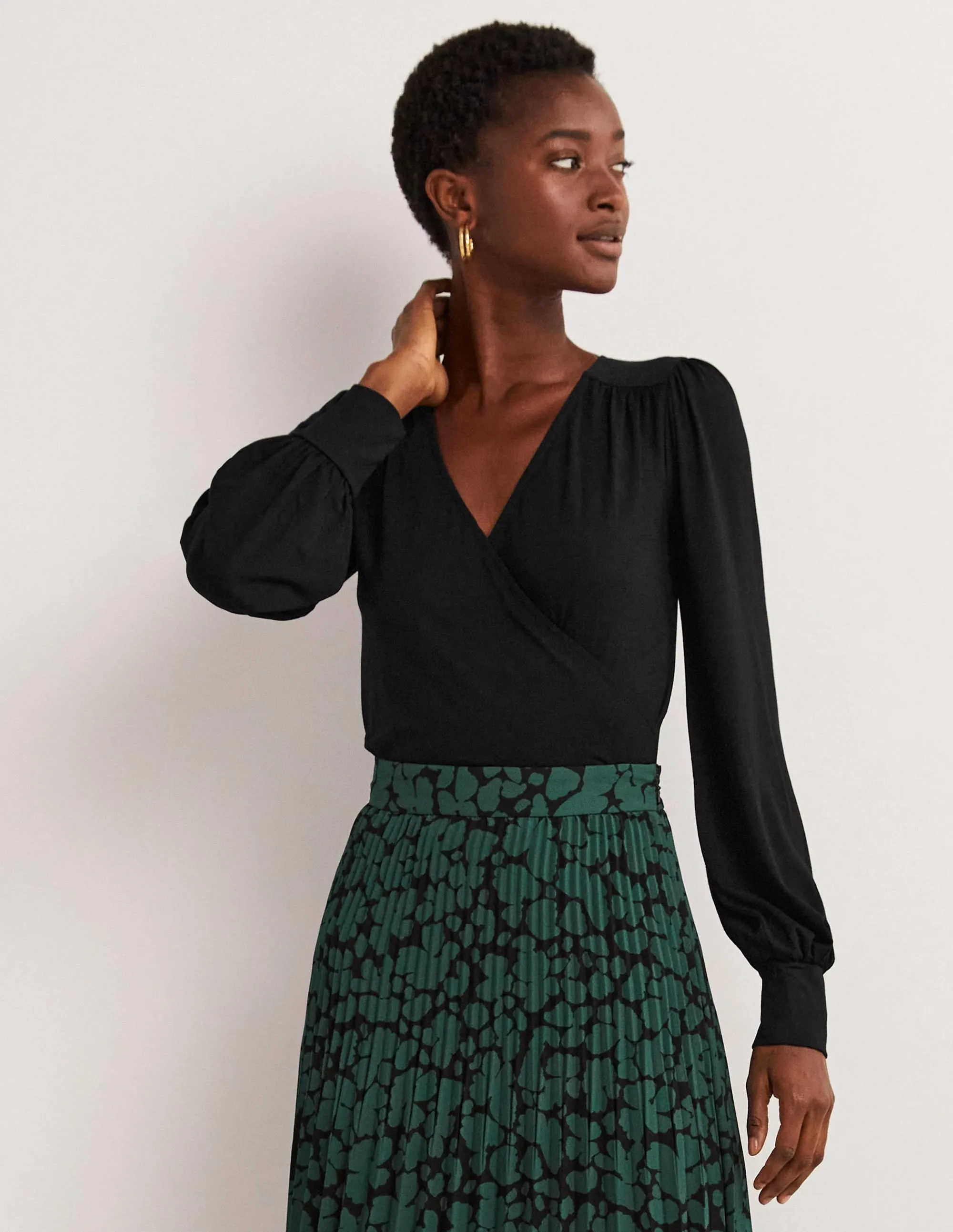 Blouson Wrap Top-Black