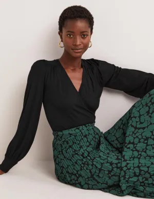 Blouson Wrap Top-Black