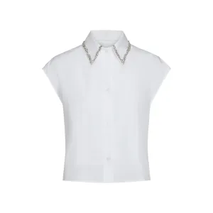 Cap Sleeve Top with Beaded Collar in White