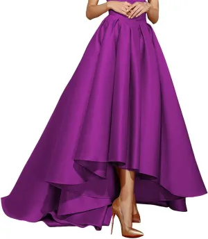 High Low Satin Skirts Pleated Maxi A Line High Waist Formal Prom Skirt Wedding Dress for Women