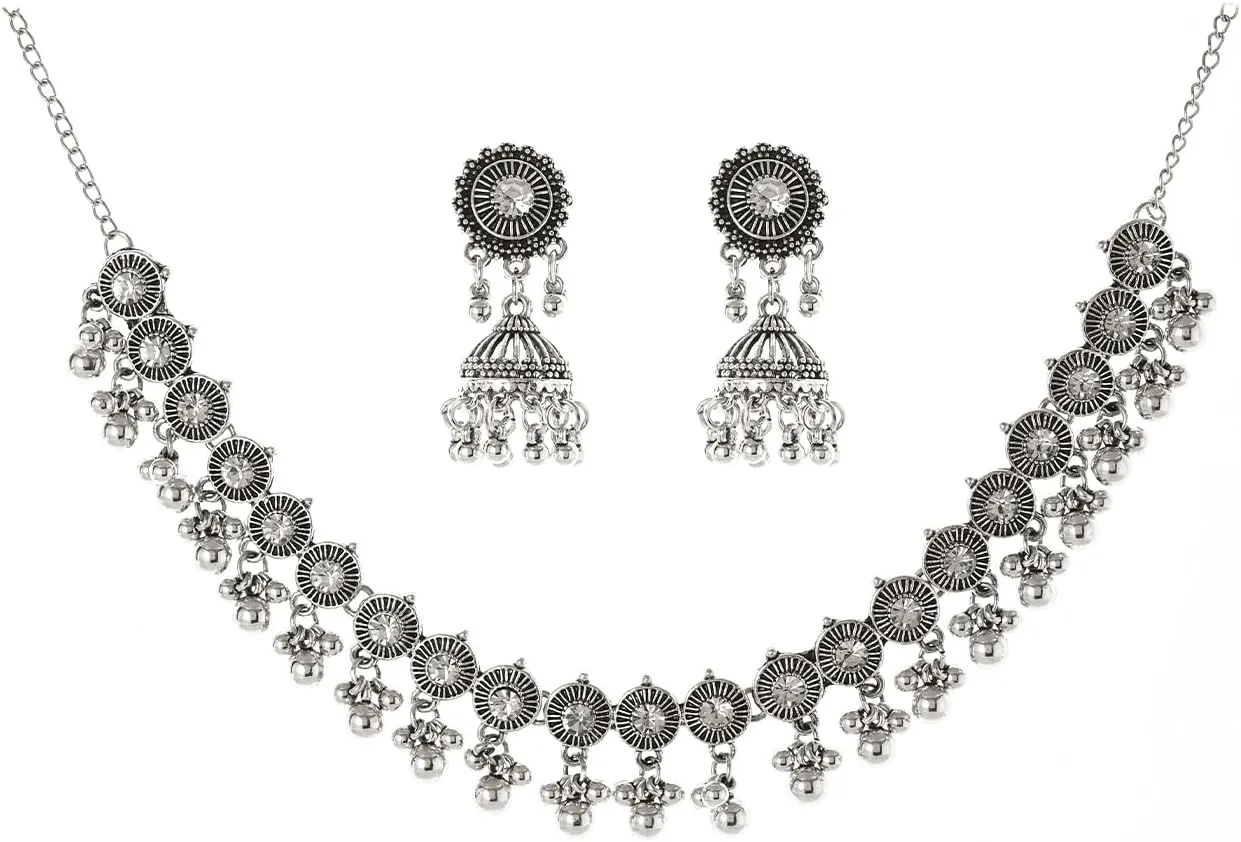 Indian Jewelry Sets for Women Jhumka Necklace Oxidized Choker Chain Earrings Silver Kundan Jewelry Sets