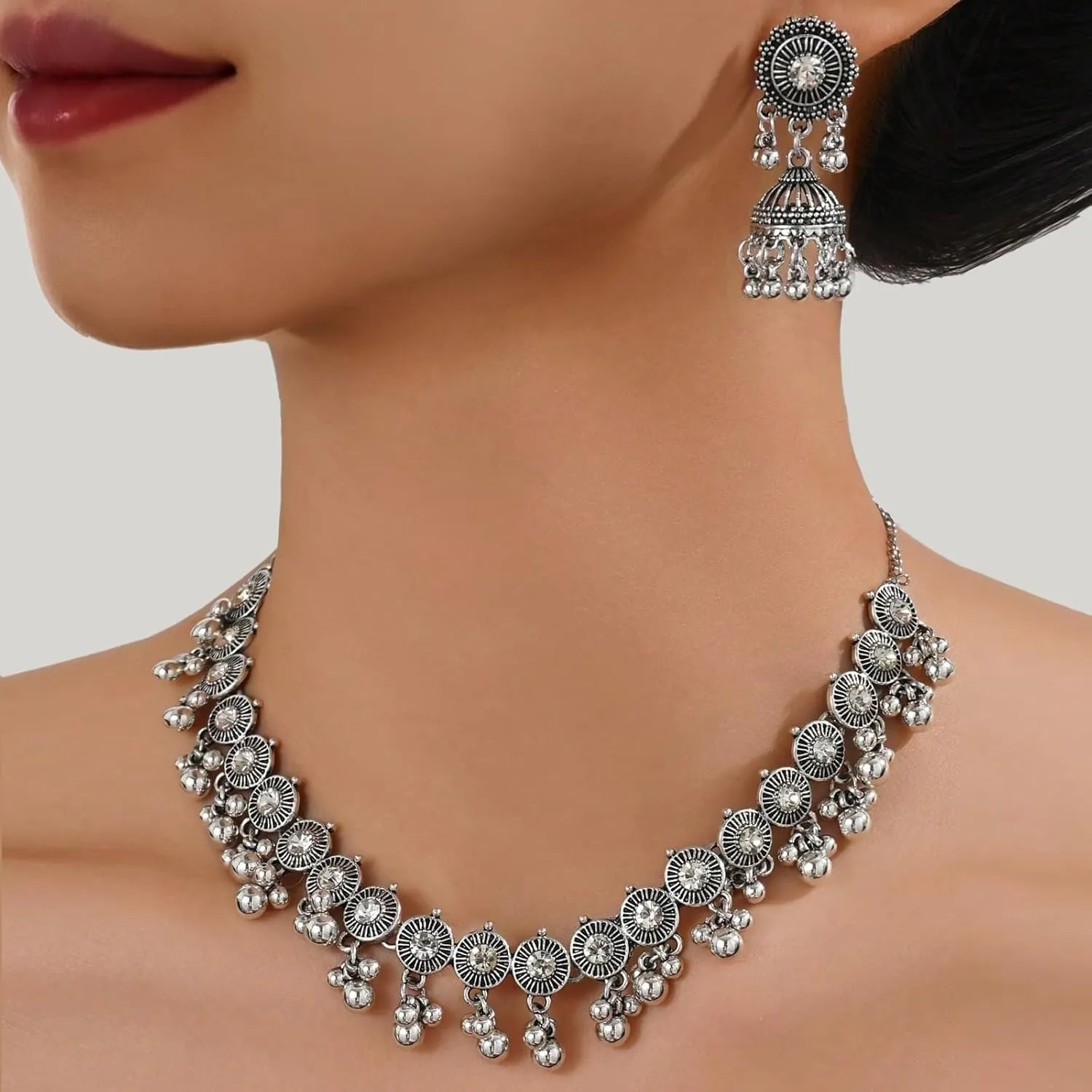 Indian Jewelry Sets for Women Jhumka Necklace Oxidized Choker Chain Earrings Silver Kundan Jewelry Sets