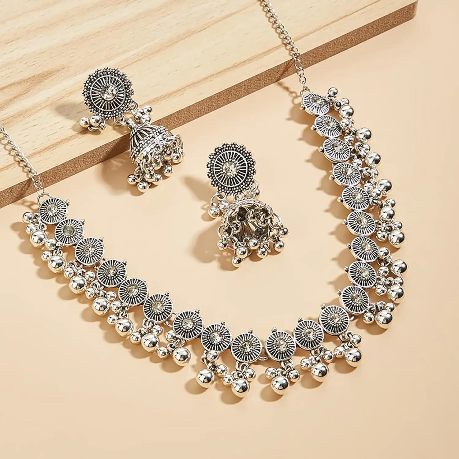 Indian Jewelry Sets for Women Jhumka Necklace Oxidized Choker Chain Earrings Silver Kundan Jewelry Sets