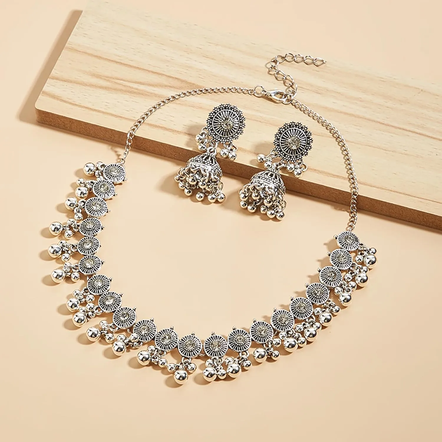 Indian Jewelry Sets for Women Jhumka Necklace Oxidized Choker Chain Earrings Silver Kundan Jewelry Sets