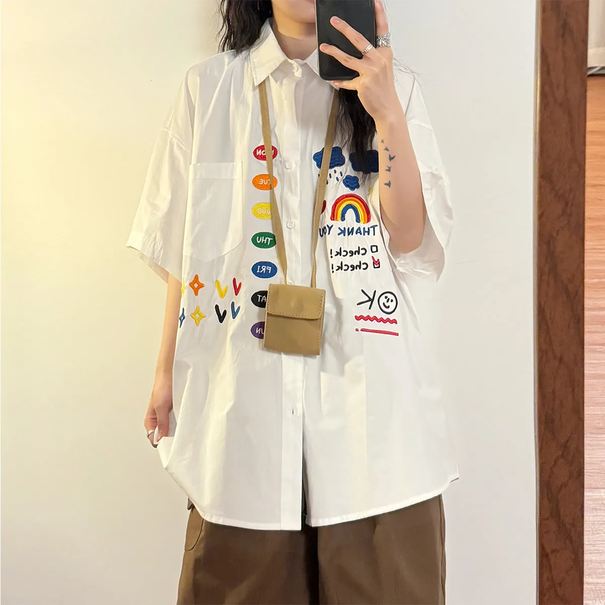 Japanese Retro Fun Embroidery Short-Sleeved Shirt Niche Literary Design