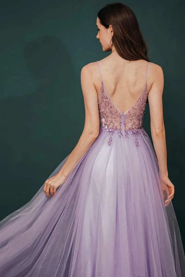 Lilac Beaded Tulle Long Prom Dress