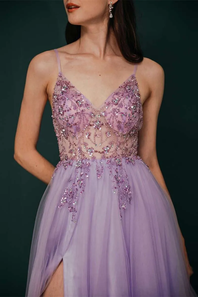 Lilac Beaded Tulle Long Prom Dress