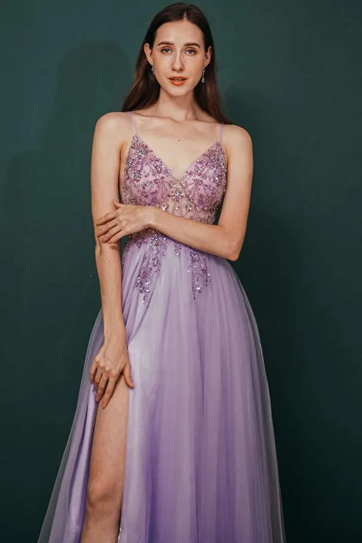 Lilac Beaded Tulle Long Prom Dress