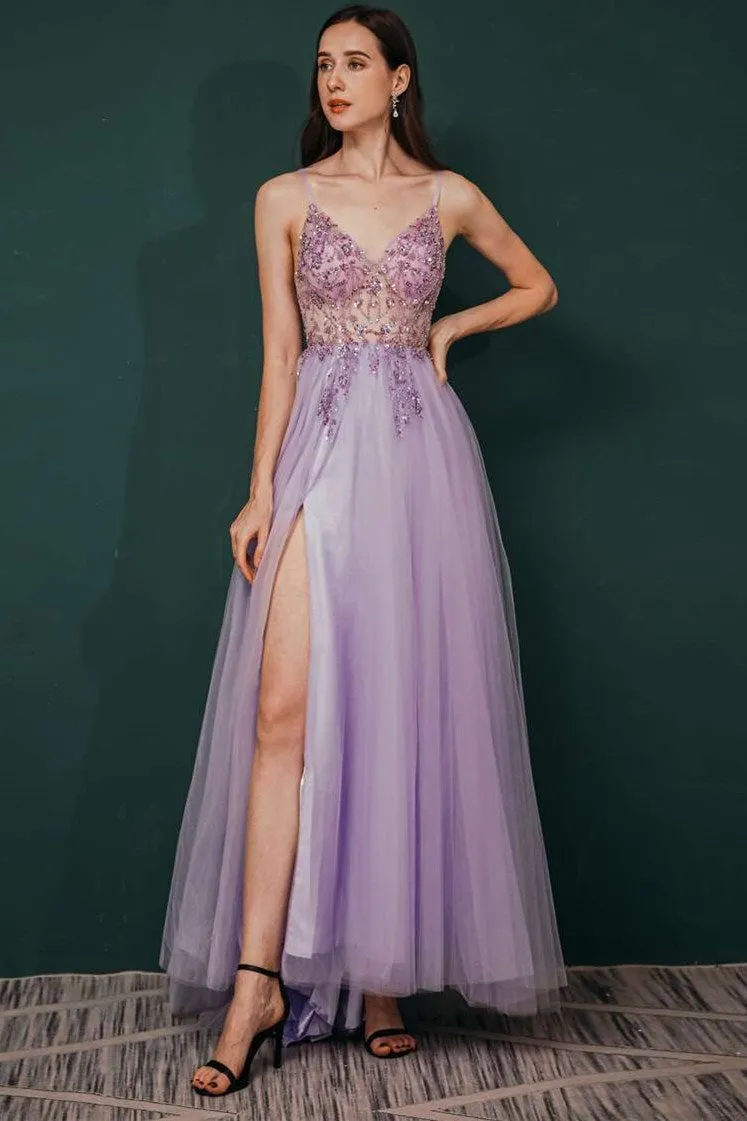 Lilac Beaded Tulle Long Prom Dress