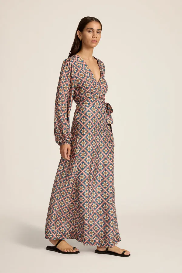 Luna Maxi Wrap Dress in Talavera Indigo