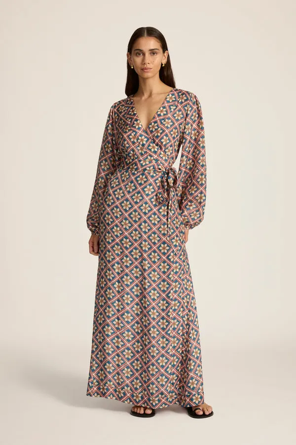 Luna Maxi Wrap Dress in Talavera Indigo
