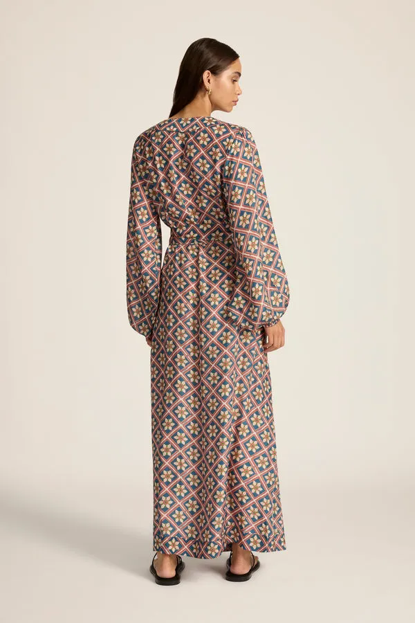 Luna Maxi Wrap Dress in Talavera Indigo