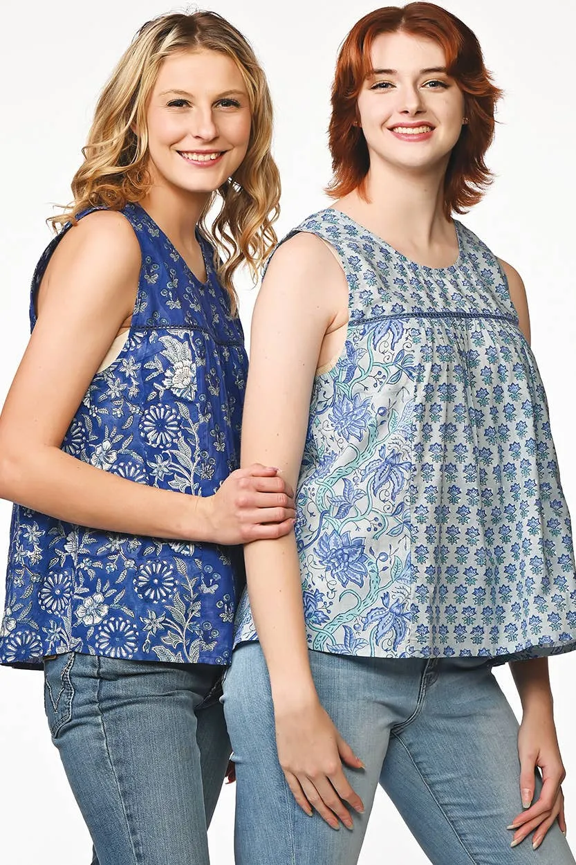 Pavitra Block Print Sleeveless Tops: Indigo / S/M