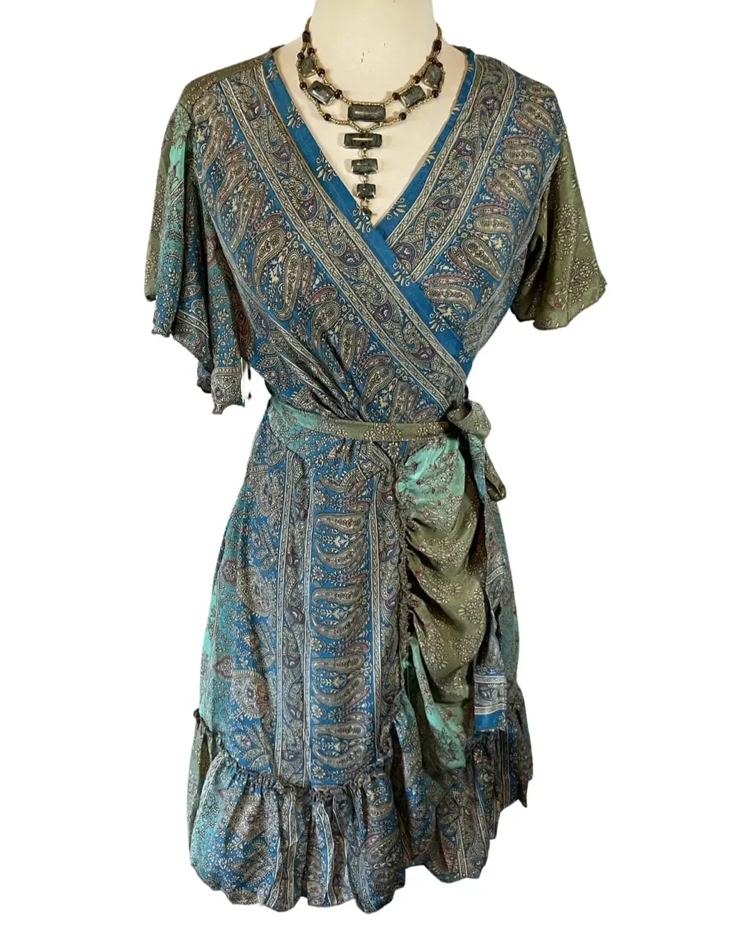 Silk Short Kimono Wrap dress (Olive /blue)