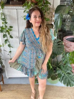Silk Short Kimono Wrap dress (Olive /blue)