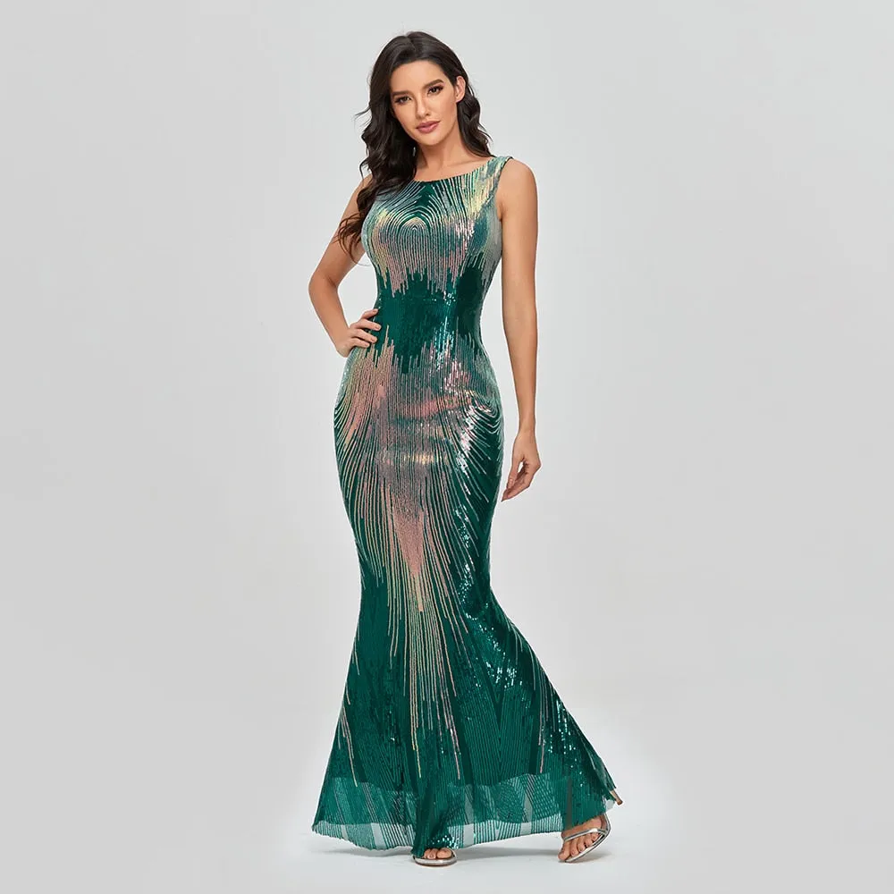 Sleeveless O-neck Evening Party Dress Shinning Sequins Mermaid Prom Gowns