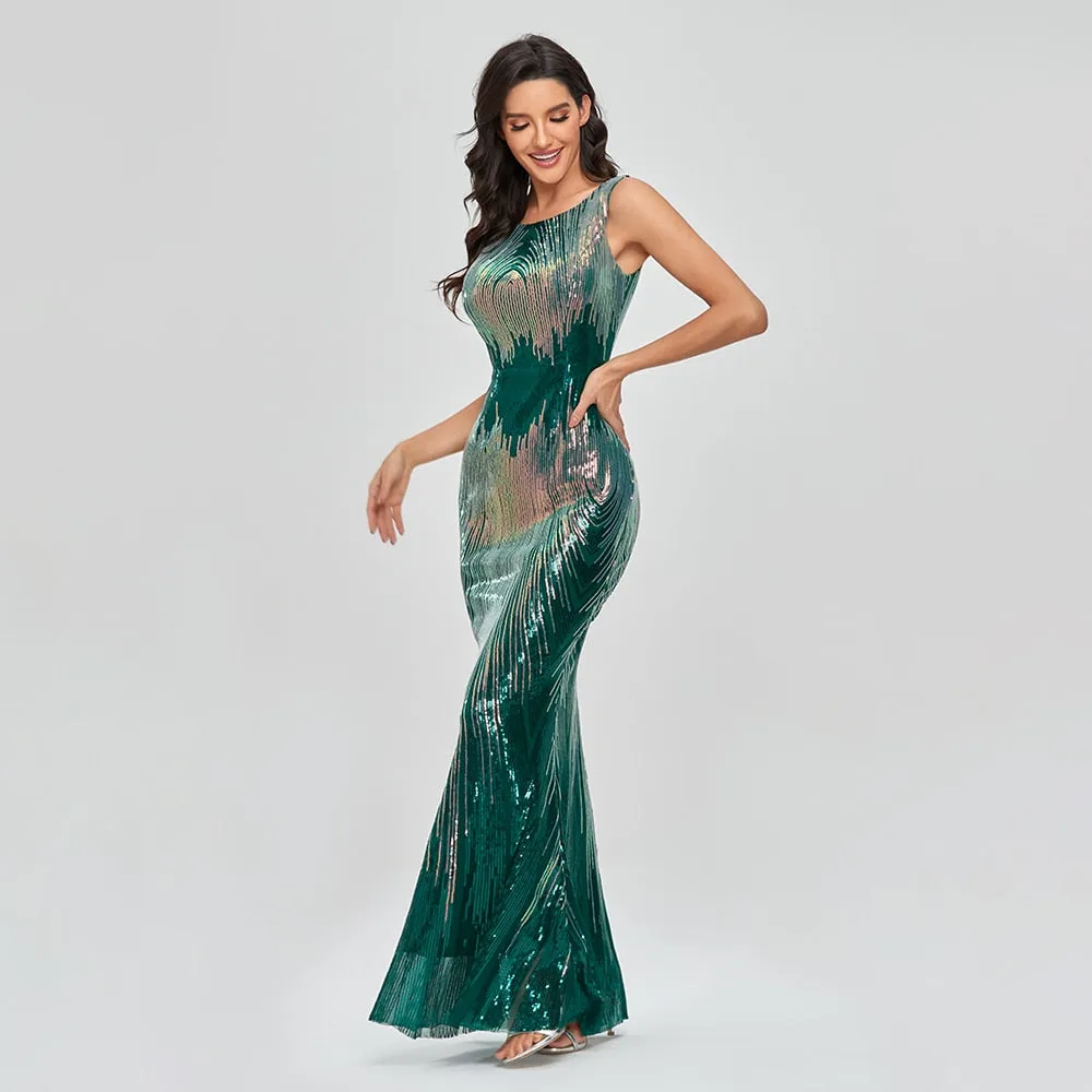 Sleeveless O-neck Evening Party Dress Shinning Sequins Mermaid Prom Gowns