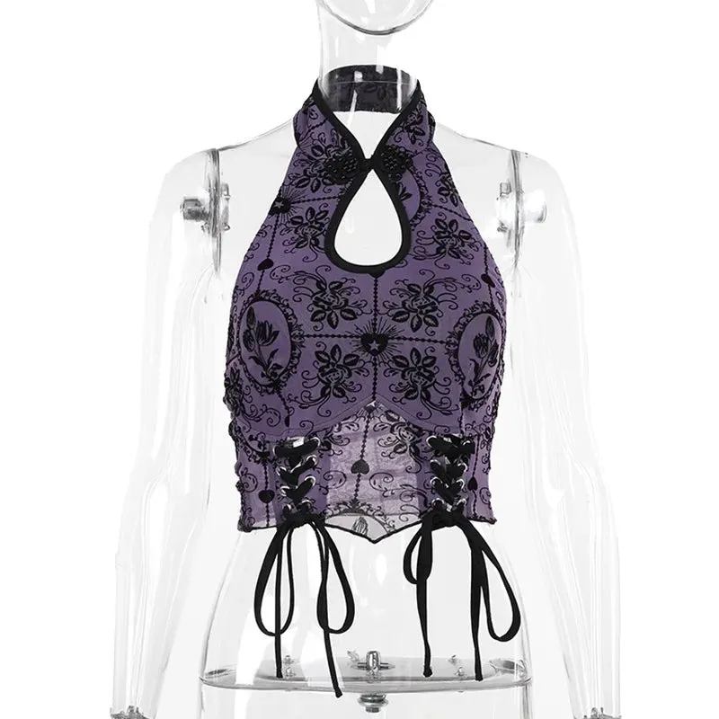 Vintage Elegant Jacquard Bandage Backless Halter Sexy Chic Crop Top