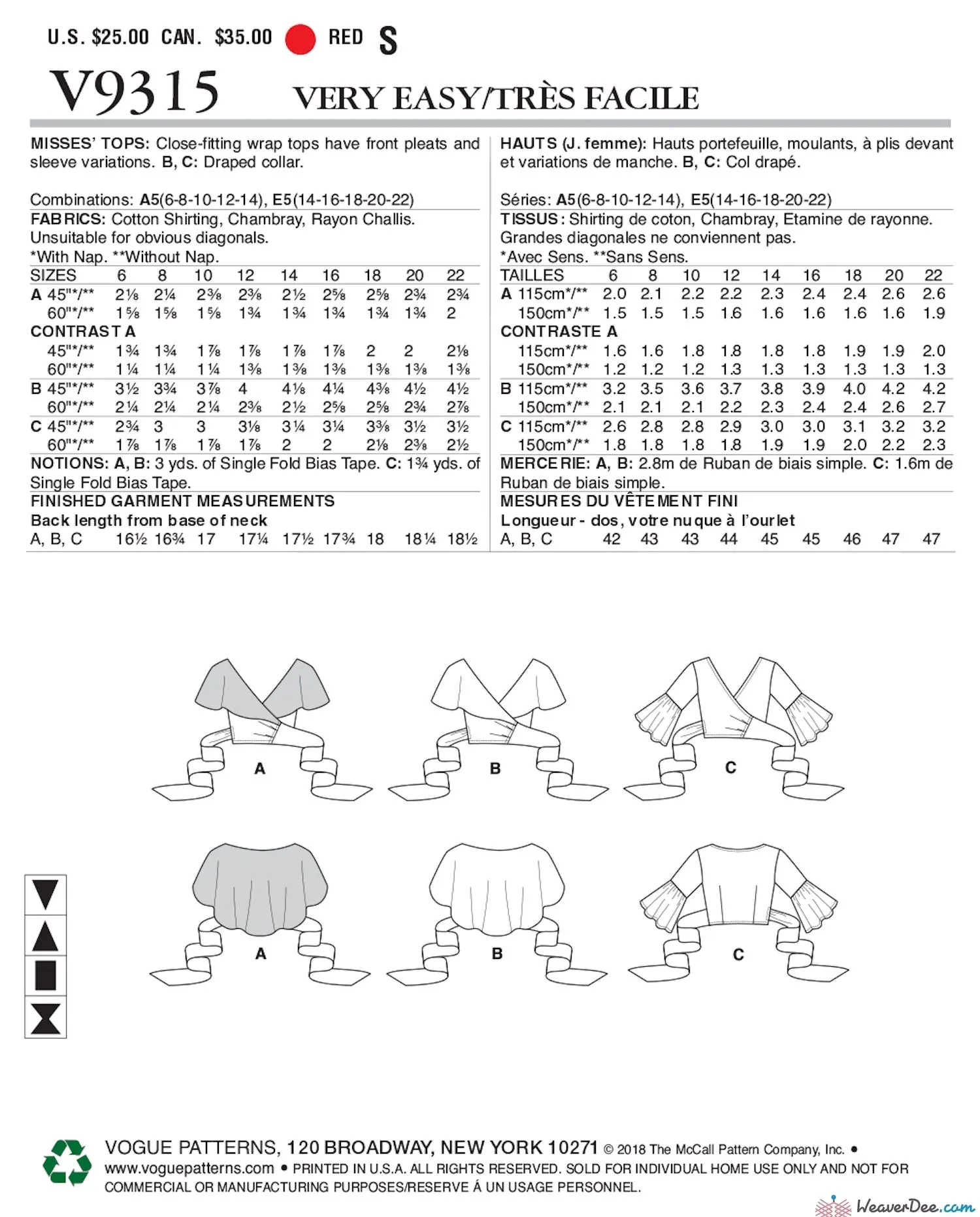 Vogue Pattern V9315 Misses' Tops