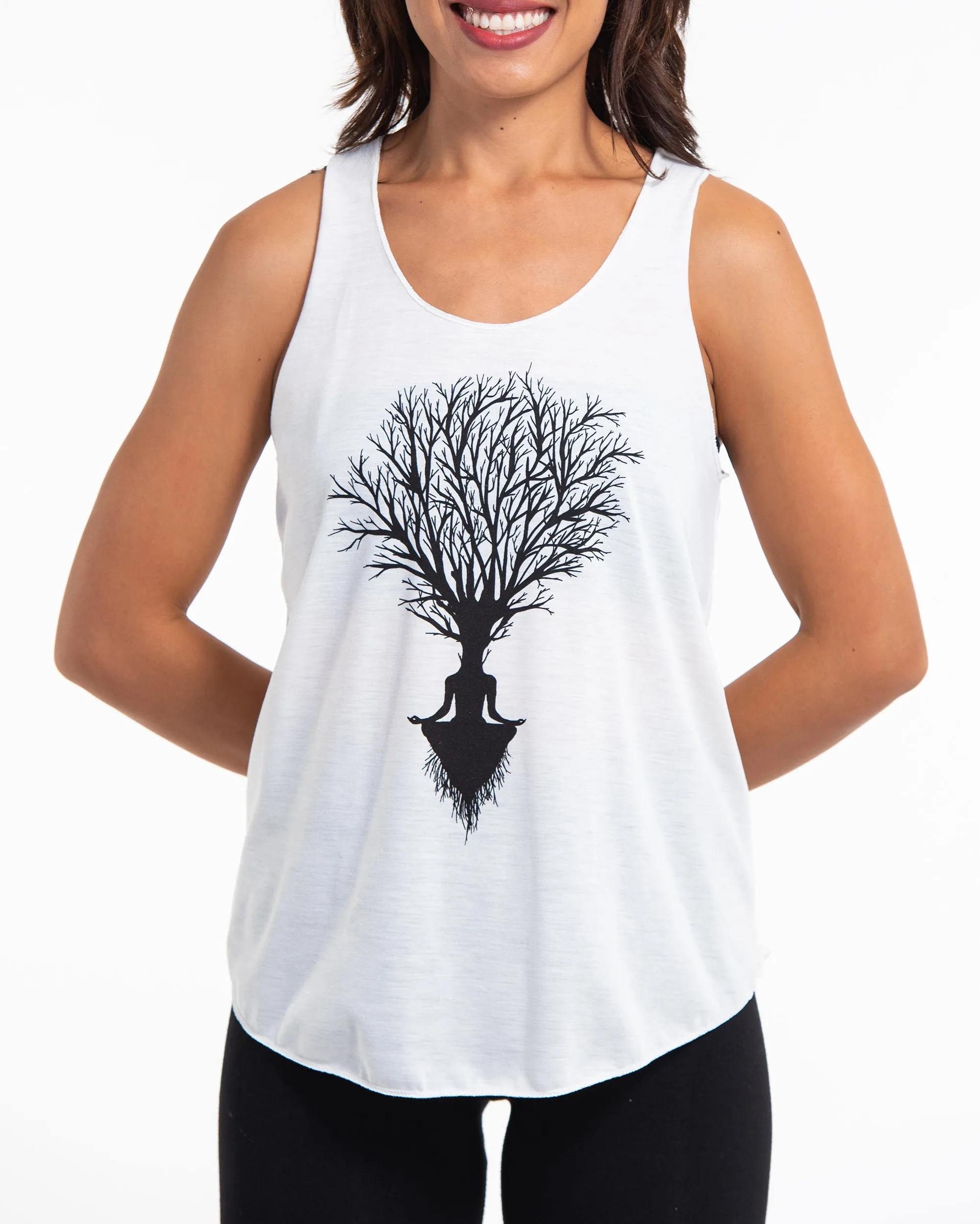 Womens Meditation Tree Tank Top in White